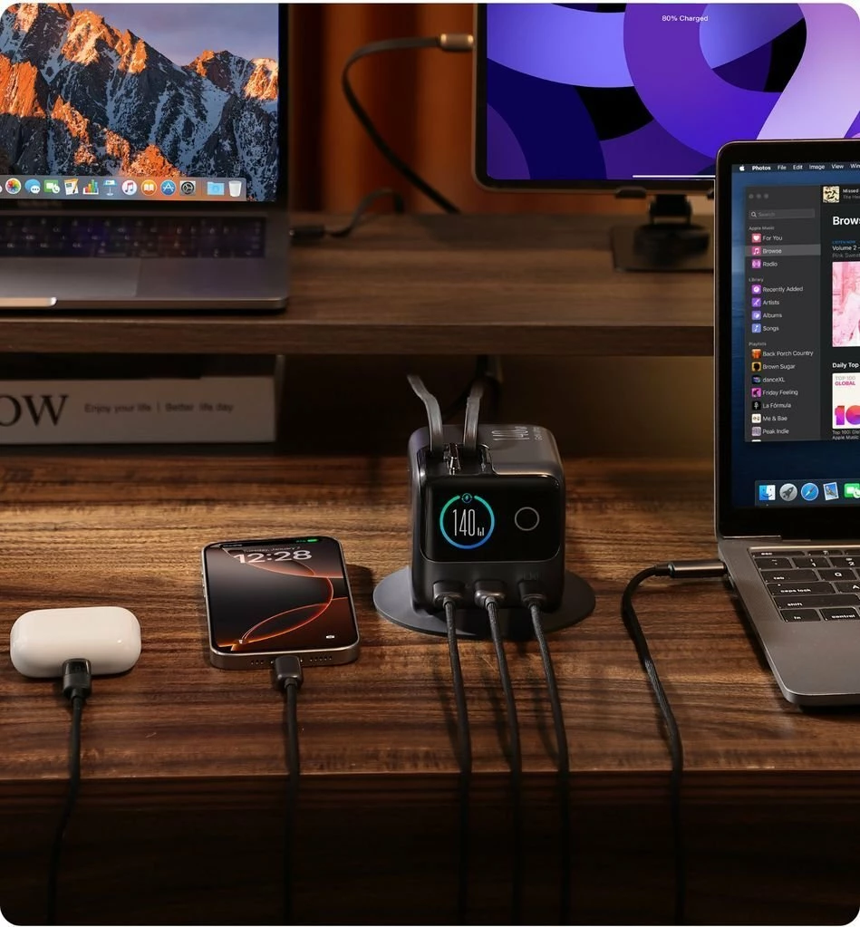 Stacion karikimi Joyroom Podix JR-TRD01 140W, 2x USB-A + 3x USB-C, 2 kabllo USB-C të tërheqshme 0.8 m, gri