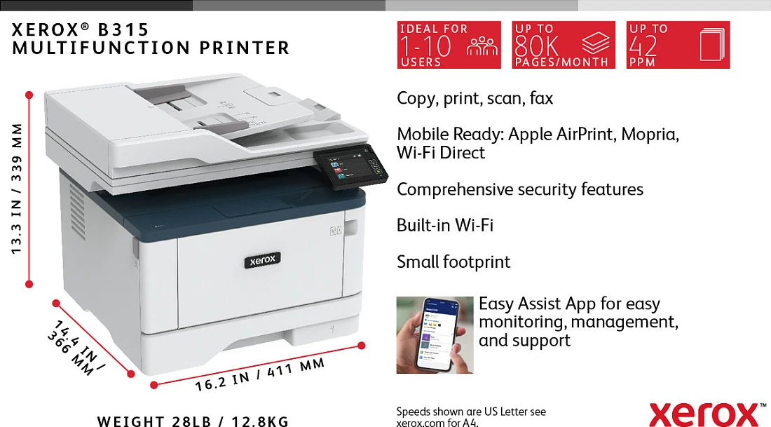 Printer multifunksional Xerox B315, laser, mono, wireless, duplex, 2 kaseta, 350 fletë, A4, blu/bardhë
