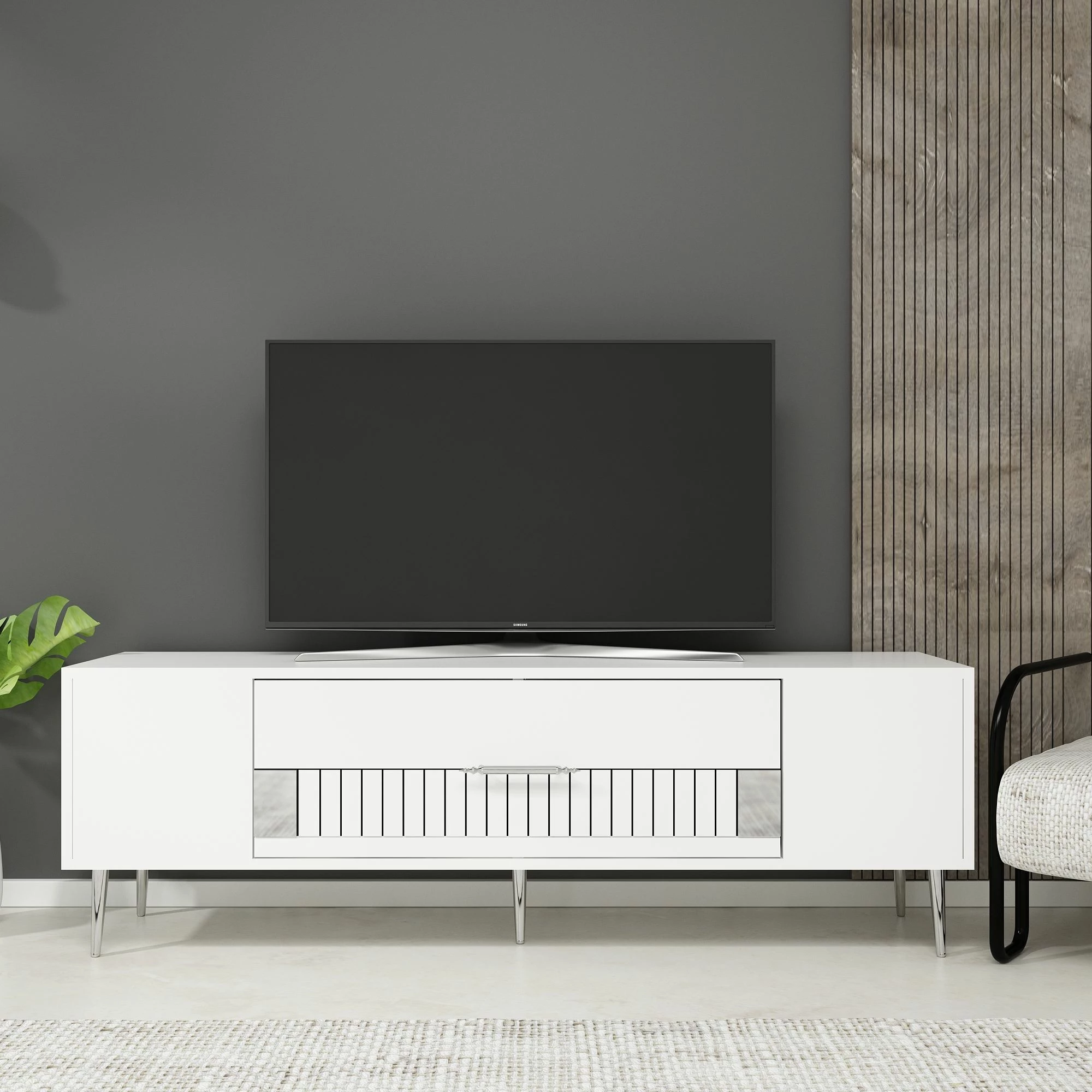 Komodë TV Skye Decor, e bardhë, argjendtë, Dekolp4