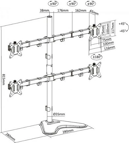 Mbajtëse tavoline për 4 monitorë EQUIP 650127, 17"-32", VESA 75x75/100x100, 36 kg, e zezë