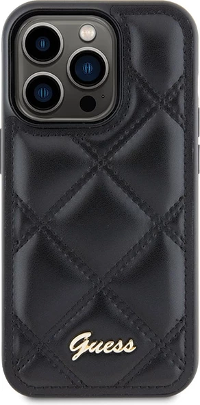 Mbështjellës Guess Quilted Metal Logo për iPhone 15 Pro, i zi