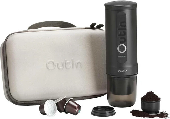 Aparat ekspreso portabël, OUTIN Nano A000010, bateri 7500 mAh, 20 bar, 50–80 ml, për kafe pluhur dhe kapsula Nespresso, gri, set me kuti mbrojtëse