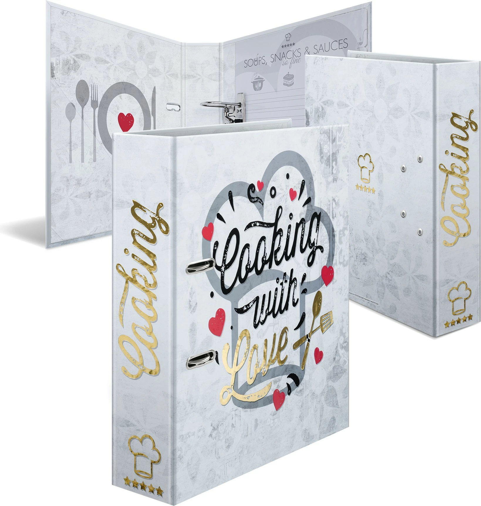 Dosje organizuese HERMA Cooking with Love, A4, D-ring, karton, 7 cm, e bardhë/e kuqe/e artë