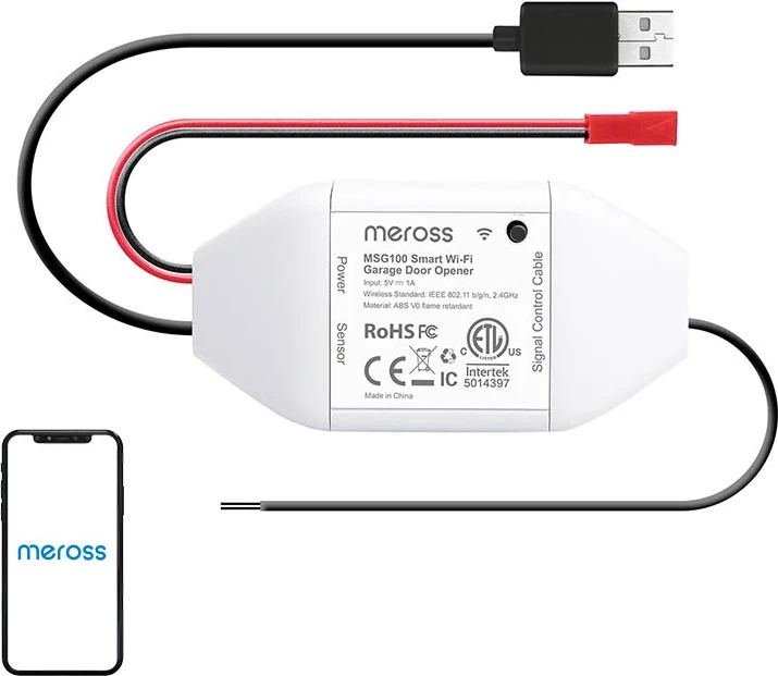 Switch i mençur për derën e garazhit, Meross MSG100HK-EU, Wi‑Fi 2.4GHz, HomeKit/Google/Alexa, sensor dere