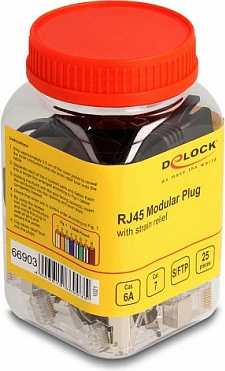 Konektor RJ45 DeLOCK 66903, Cat6A/Cat7, set 25 copë, S/FTP, me strain relief, zezë/metalike