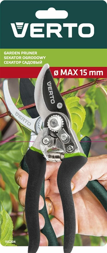 Gërshërë krasitjeje Verto 15G204, 220 mm, prerje 15 mm, bypass, PTFE, zezë/jeshile