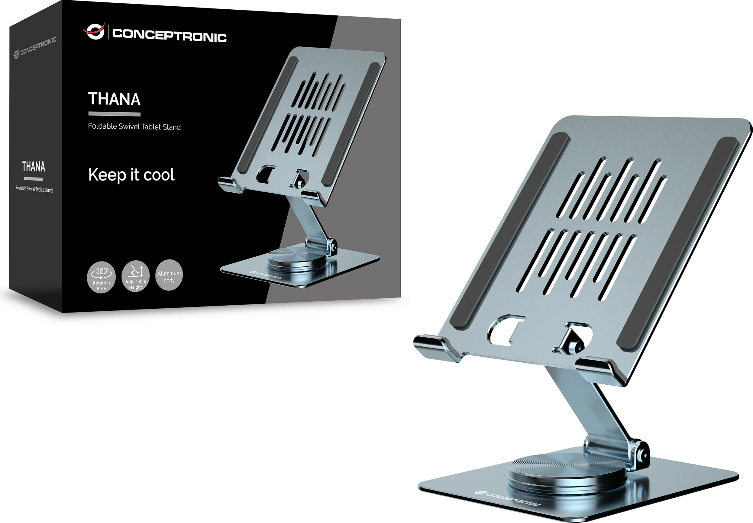 Mbajtëse tableti Conceptronic, stand 360°, alumin, max 1.5 kg, gri