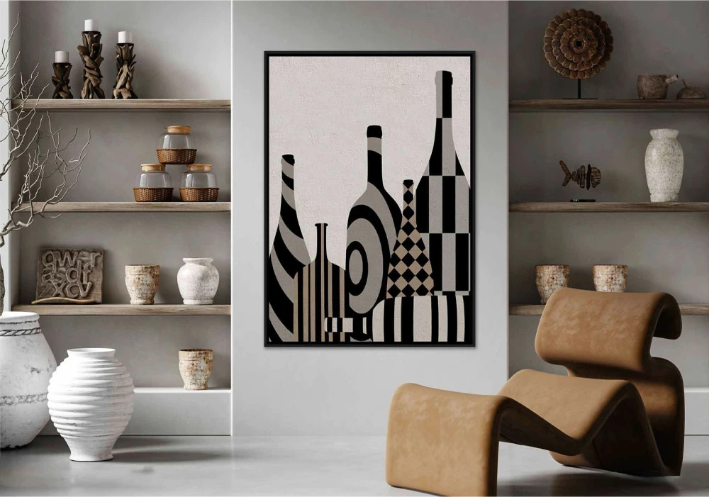 Pikturë dekorative Art Bottles, shumëngjyrëshe, kornizë e zezë, 83x123x4cm