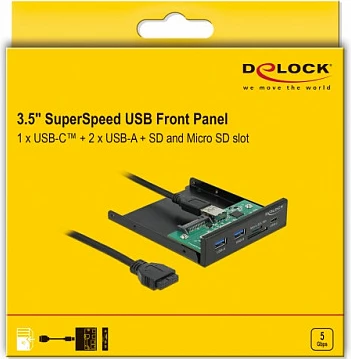 Panel frontal DeLOCK 3.5" USB 3.2 Gen 1, USB-C + 2x USB-A, lexues SD/microSD, i zi