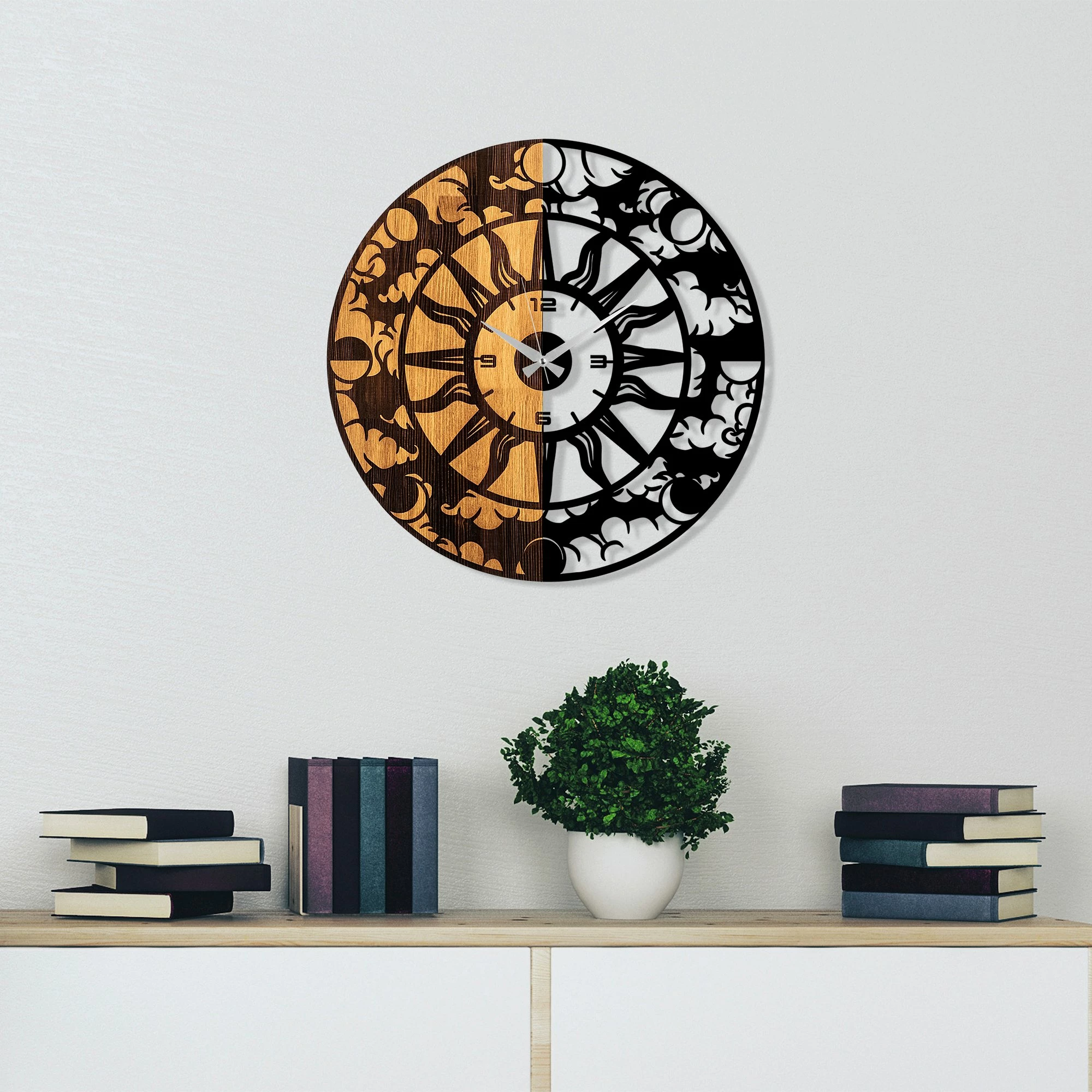 Orë muri dekorative prej druri, Wallity, ngjyrë arre dhe e zezë, 56cm