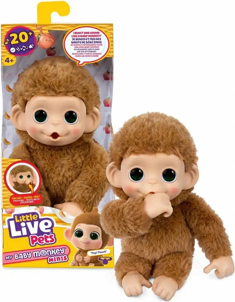 Lodër interaktive majmun i vogël Cobi Little Live Pets Mini Monkey Pepi Peach, 15 cm, me tinguj, kafe
