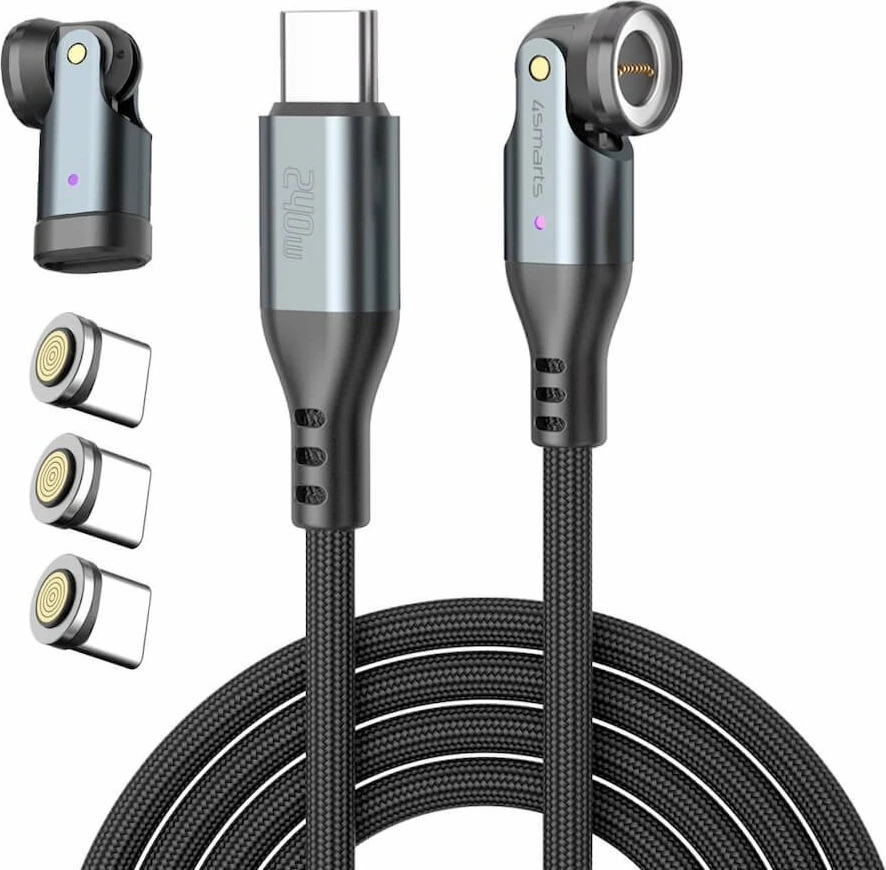 Kabllo USB‑C magnetike 540° 4smarts GravityCord 240W 1.8 m, e zezë, set