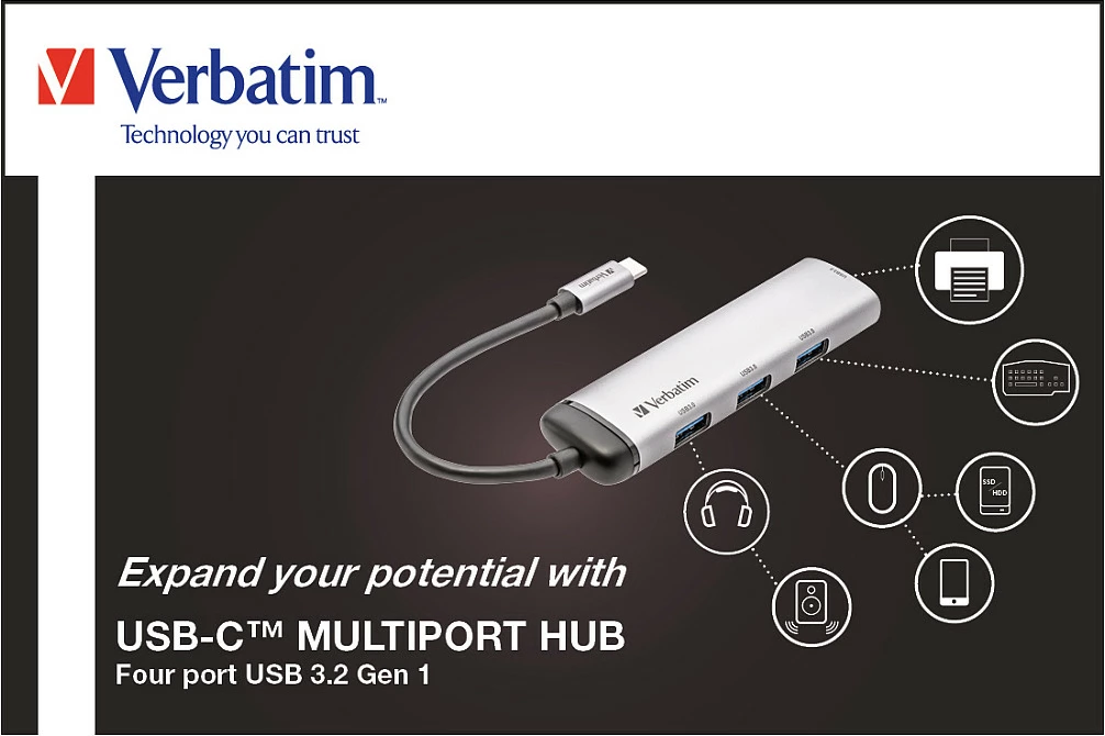 USB-C HUB Verbatim Multiport 4x USB-A USB 3.2 Gen 1, 0.15 m, gri
