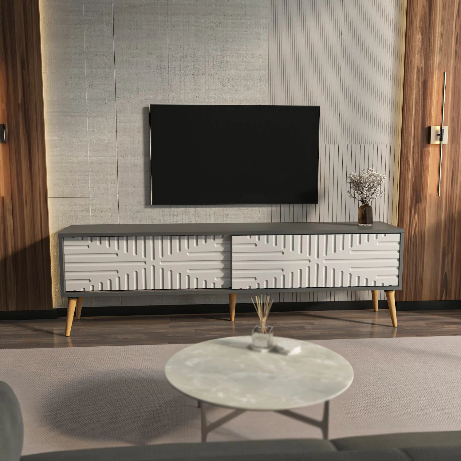 Komodë për TV, Skye Decor, ngjyrë antracit dhe e bardhë