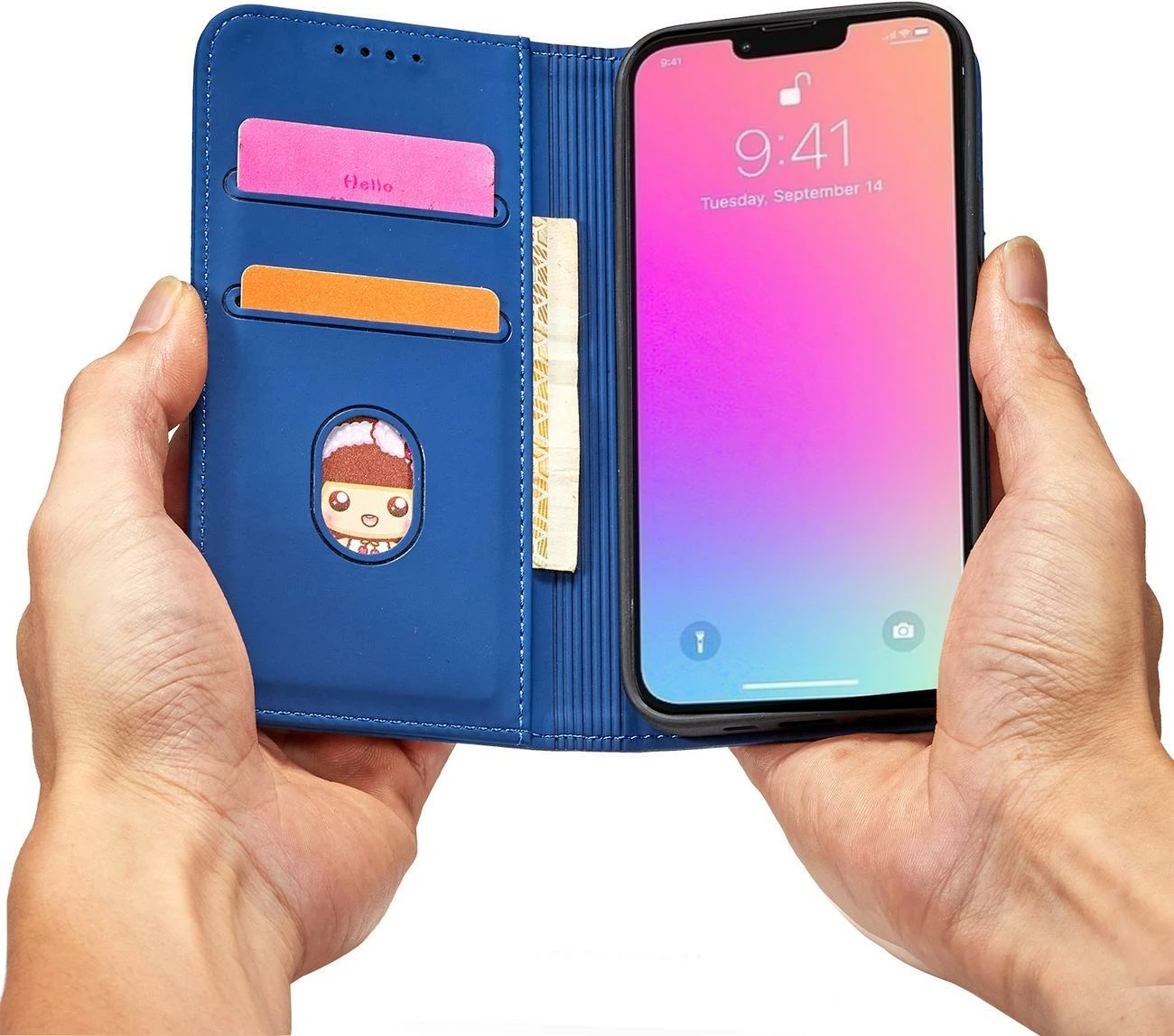 Mbështjellës Hurtel Magnet Card Case për iPhone 14, me kapak, xhep kartelash dhe mbajtëse, kaltër