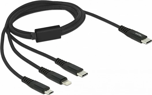 Kablë karikimi DeLOCK 3-në-1 USB-C në Lightning/Micro-USB/USB-C, 1m, e zezë