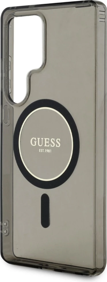Mbështjellës Guess Glitter Circle Classic Logo MagSafe për Samsung Galaxy S25 Ultra, zi