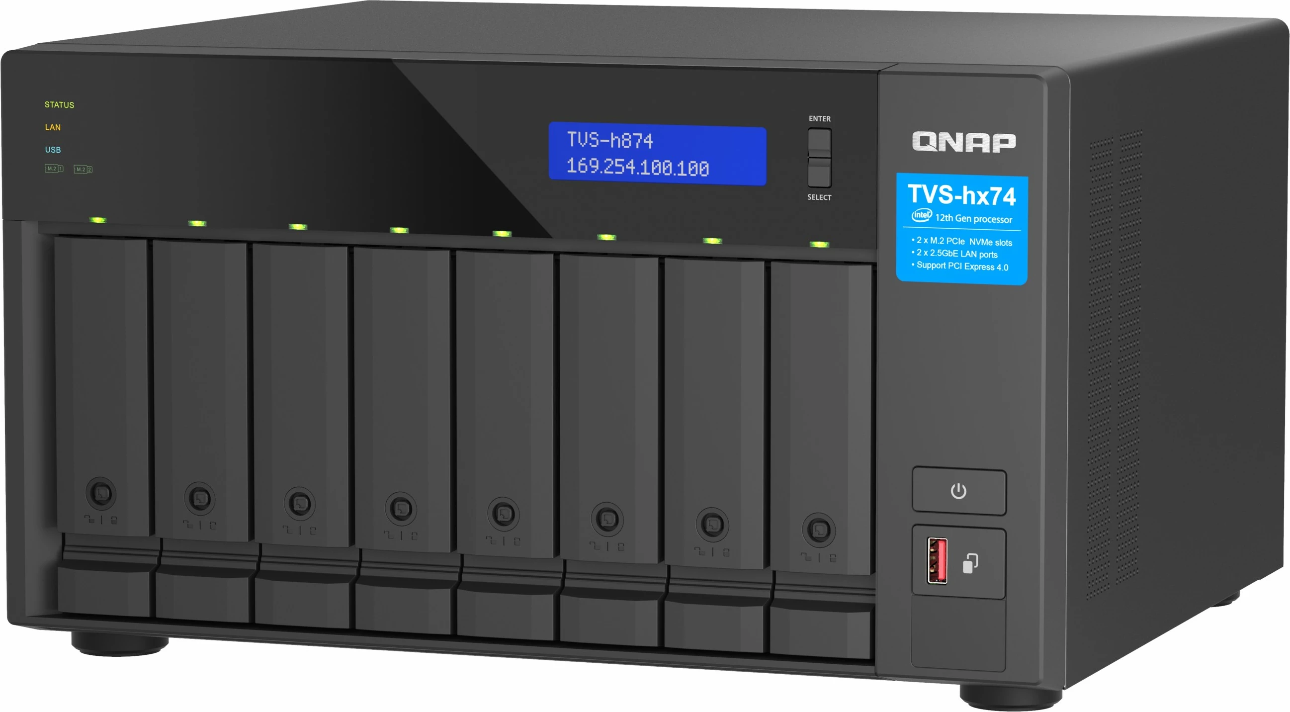 NAS QNAP TVS-H874T-I9-64G, Intel Core i9, 8 vende, Thunderbolt 4, 64GB RAM, e zezë