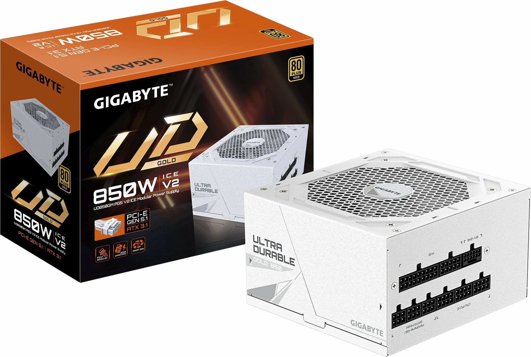 Furnizues rryme Gigabyte UD850GM PG5 V2 ICE 850W 80 Plus Gold, modular komplet, ATX 3.1, PCIe 5.1 i bardhë