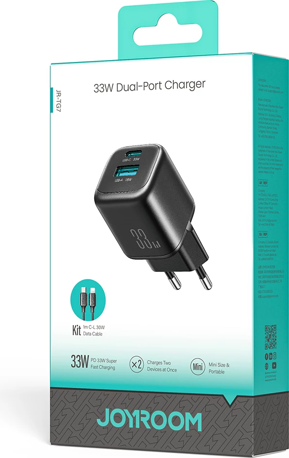 Karikues muri Joyroom JR-TG7 33W, 2x dalje USB-A + USB-C, me kabllo USB-C në Lightning 1m, i zi