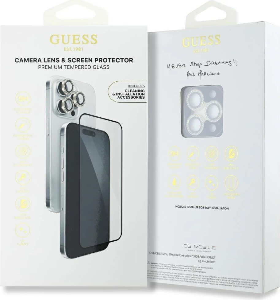 Mbështjellës xhami Guess BP Rhinestone 2in1 për ekran dhe kamera, për iPhone 16 Pro Max, Gold