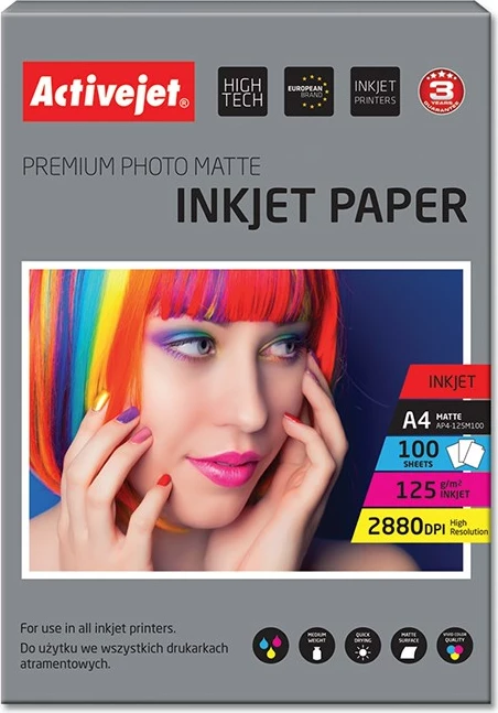 Letër fotografike mat për printer me ngjyrë Activejet AP4-125M100 A4, 100 copë