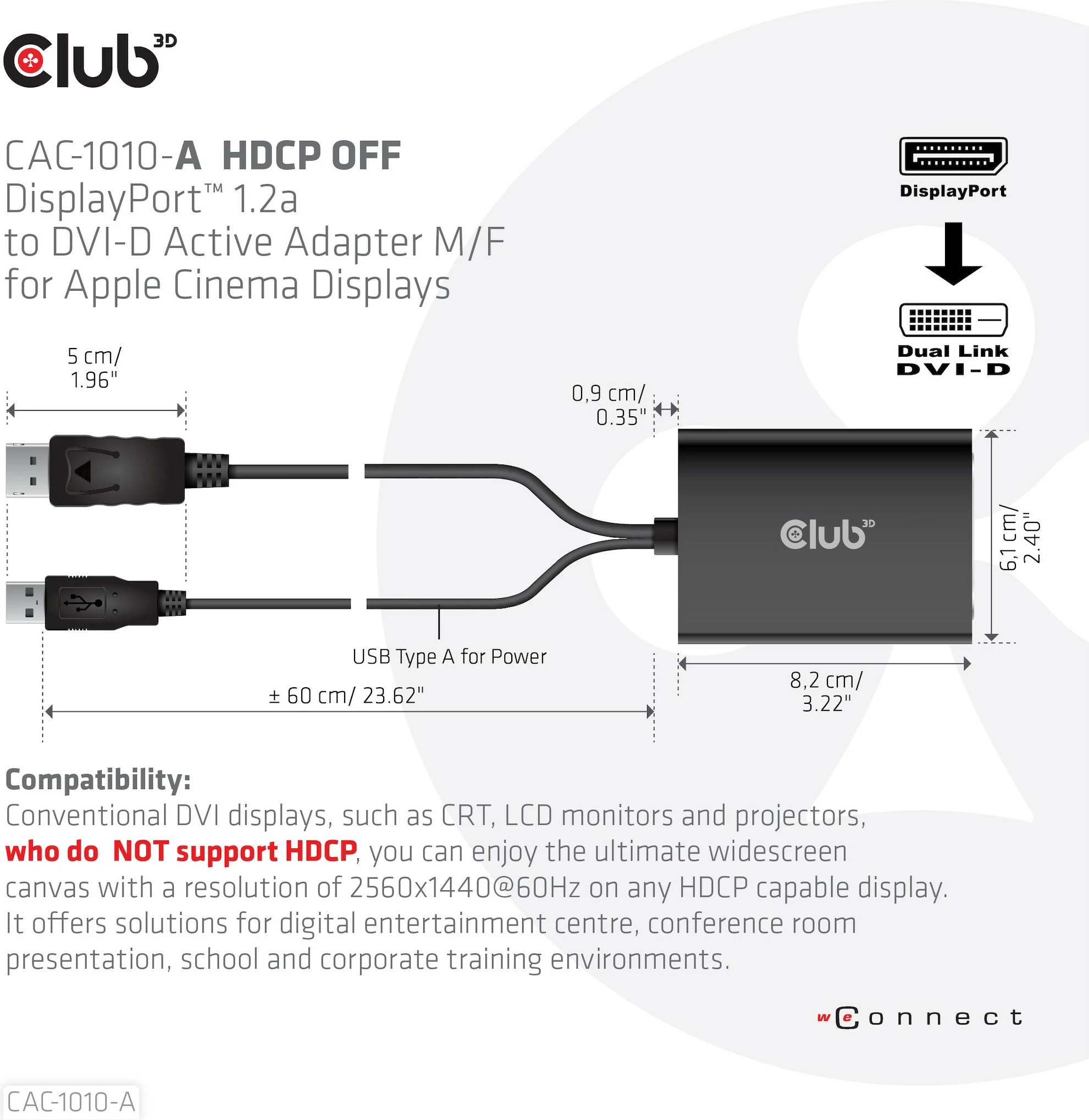 Adapter Club3D DisplayPort në DVI-D Dual Link + USB, 0.6m, HDCP OFF