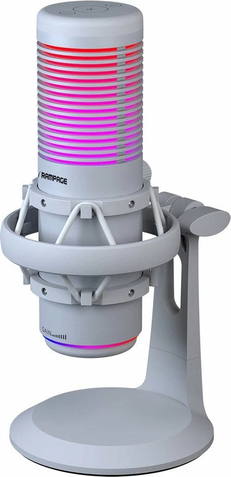 Mikrofon Rampage Bemol RGB USB-C/3.5mm kardioid/omni me tripod dhe shock mount, i bardhë