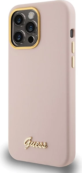 Mbështjellës Guess Silicone Script Metal Logo & Frame për iPhone 15 Pro Max, Rozë