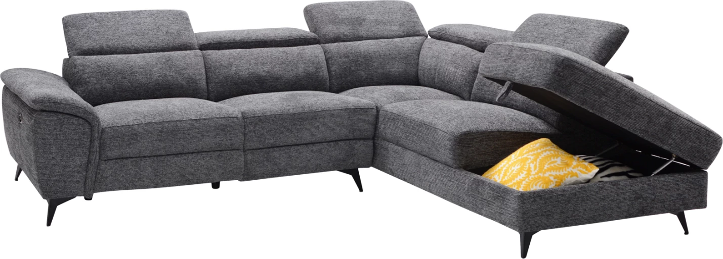 Këndare e djathtë RESTRO me recliner elektrik dhe hapësirë për depo, material gri, 284x224x76cm