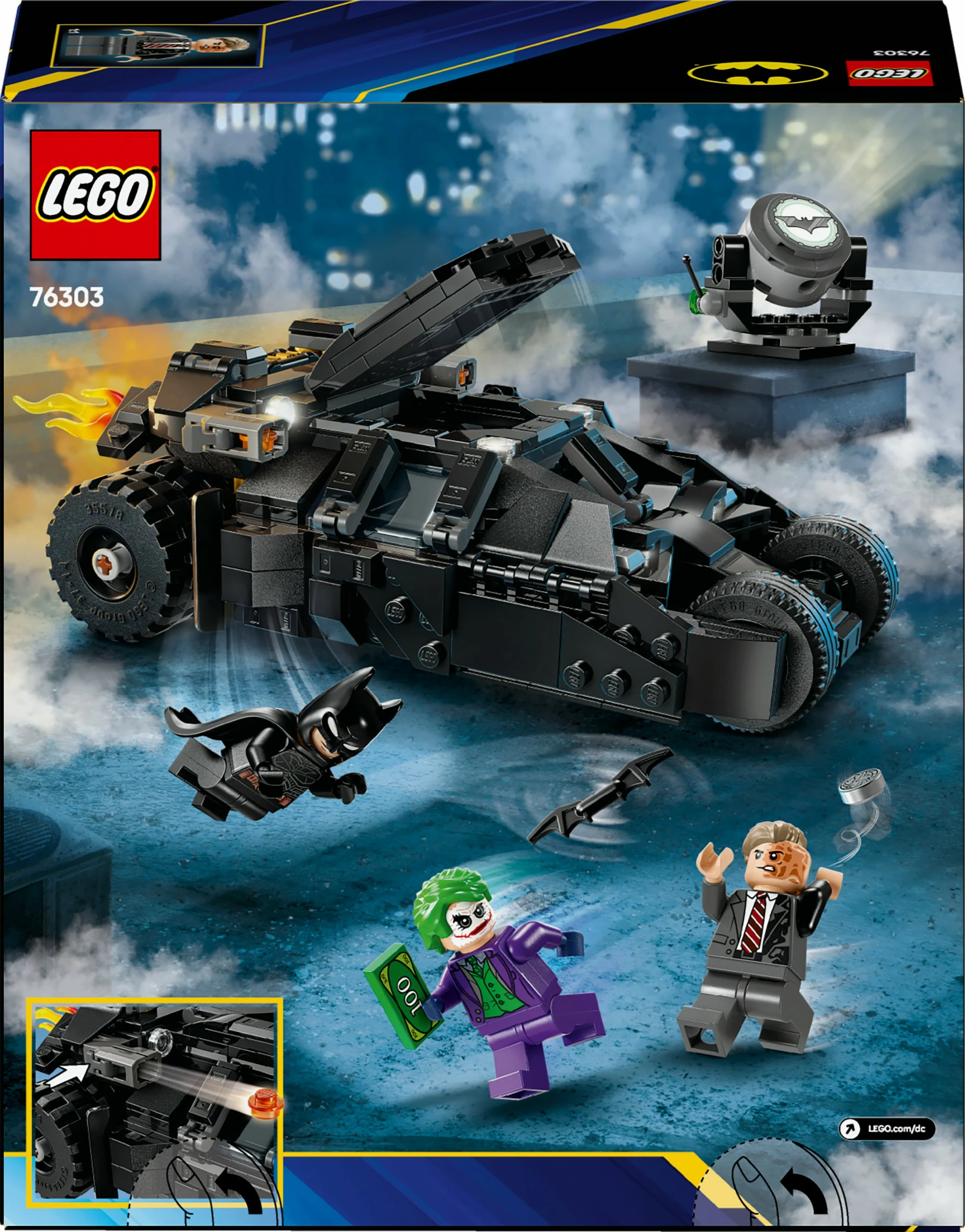 Set ndërtimi LEGO DC Super Heroes 76303 Batman Tumbler vs Two Face & Joker, 429 pjesë, multikolor