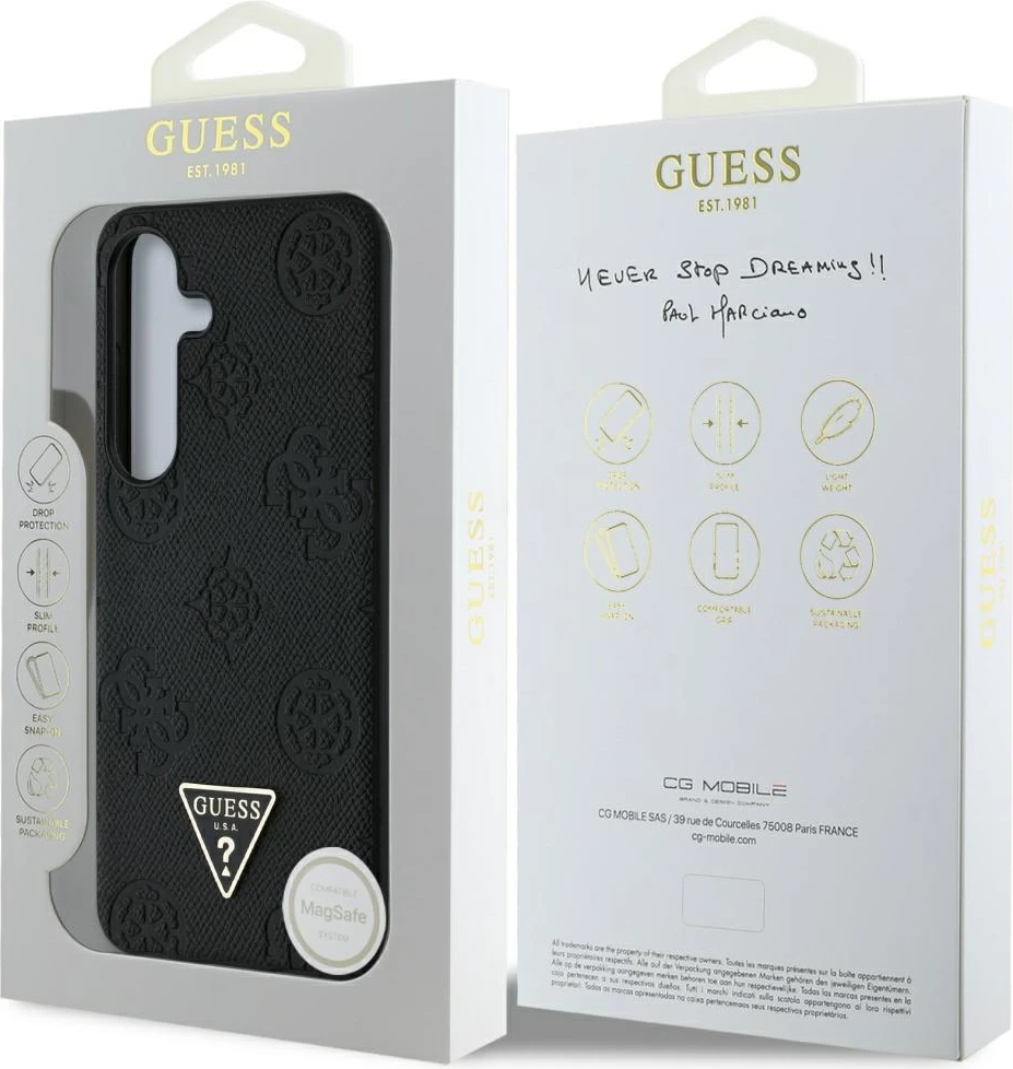 Mbështjellës Guess Grained Hot Stamp Peony Pattern Triangle Logo MagSafe për Samsung Galaxy S25, i zi