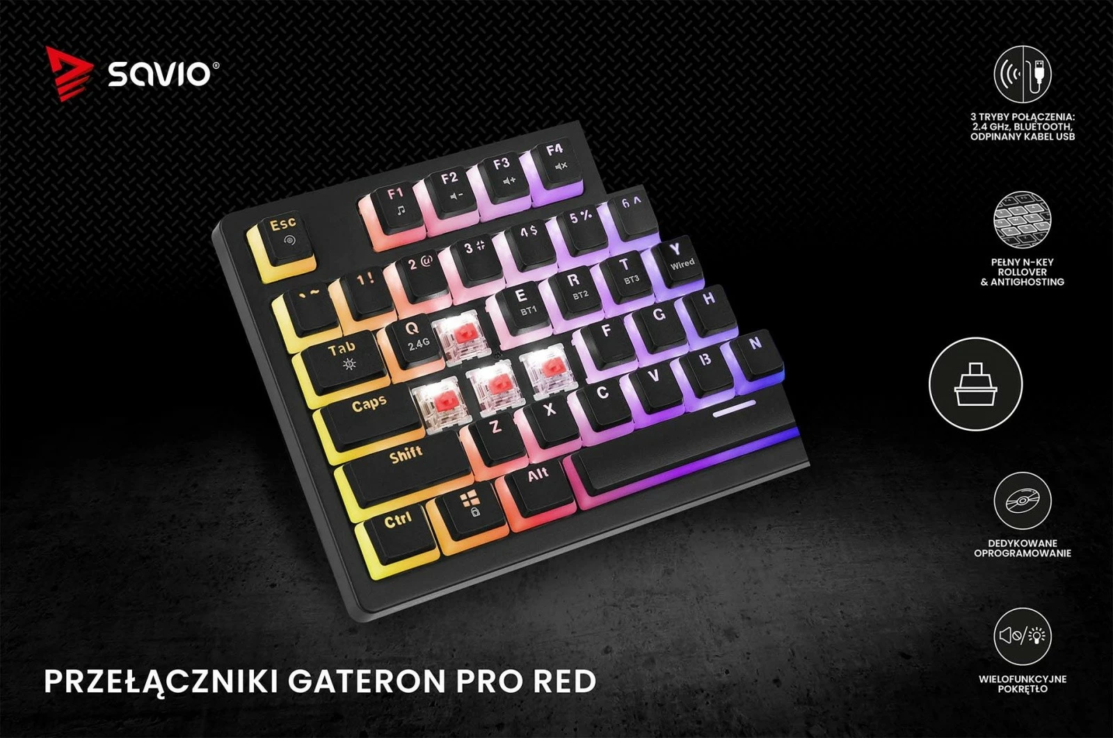 Tastierë mekanike wireless Savio PHENIX, Gateron Red Pro, Pudding, e zezë