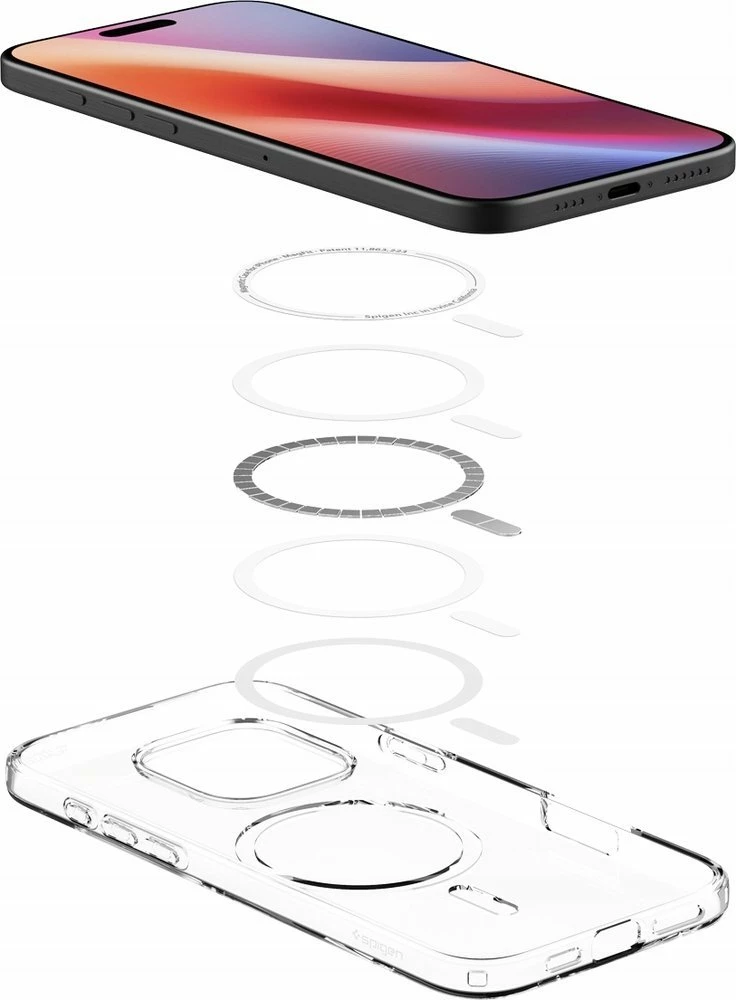 Mbështjellës Spigen Liquid Crystal Mag për iPhone 16 Pro Max, MagSafe, TPU, Transparent (unazë magnetike e bardhë)