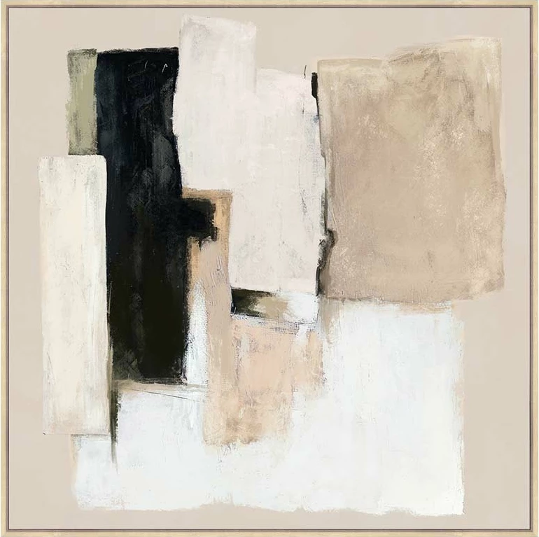 Pikturë dekorative SANS FRONT me kornizë, kanavacë, bezhë, e bardhë, e zezë, dru natyral, 100x100x4cm