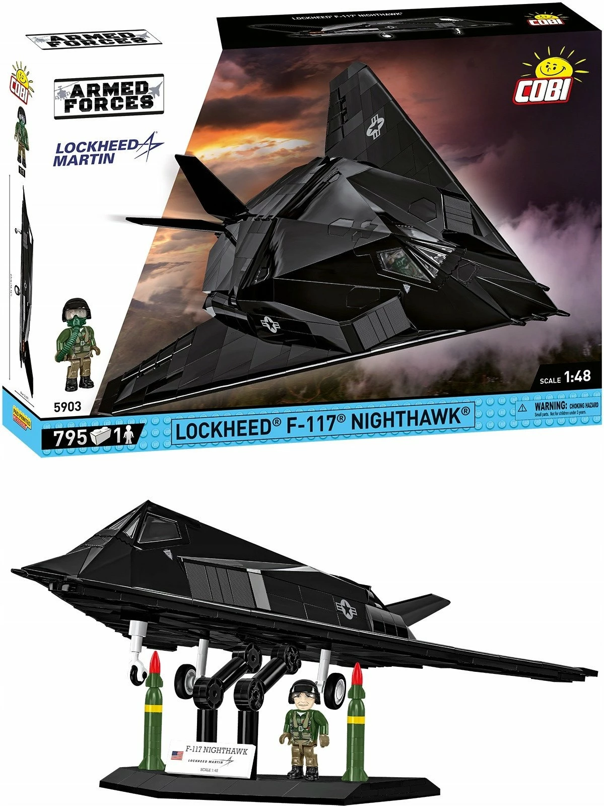 Set blloqesh konstruksioni Cobi Armed Forces Lockheed F-117 Nighthawk 5903, 795 copë, shkalla 1:48, 1 figurë, e zezë