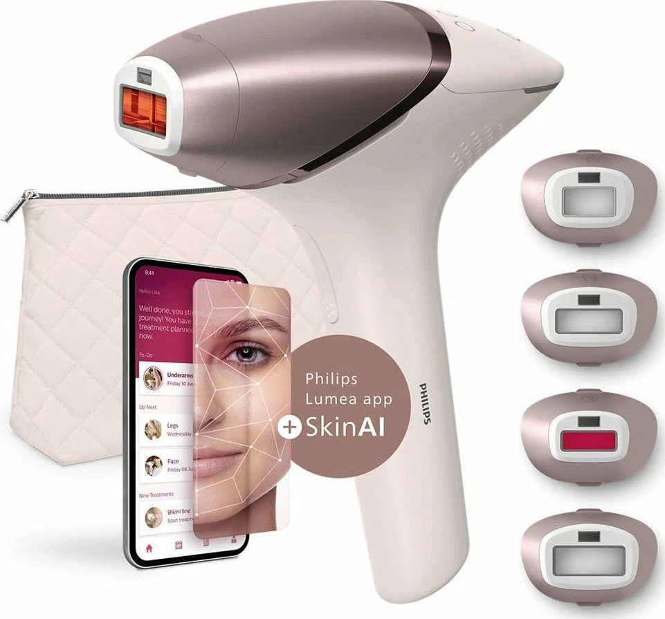 Epilator IPL Philips Lumea Series 9900 BRI977/00, 450000 impulse, 4 kapakë, bateri+rrymë, bezhë, set
