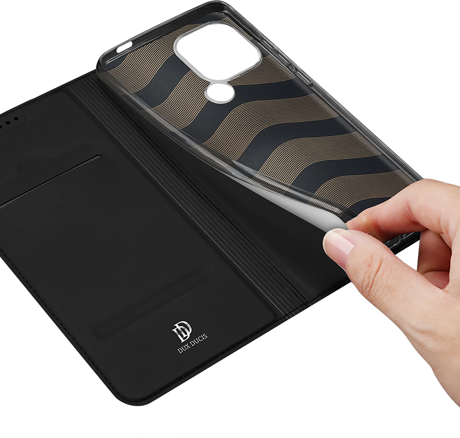 Mbështjellës Dux Ducis Skin Pro për Xiaomi Redmi A1+, me kapak, xhep kartelash dhe stand, e zezë