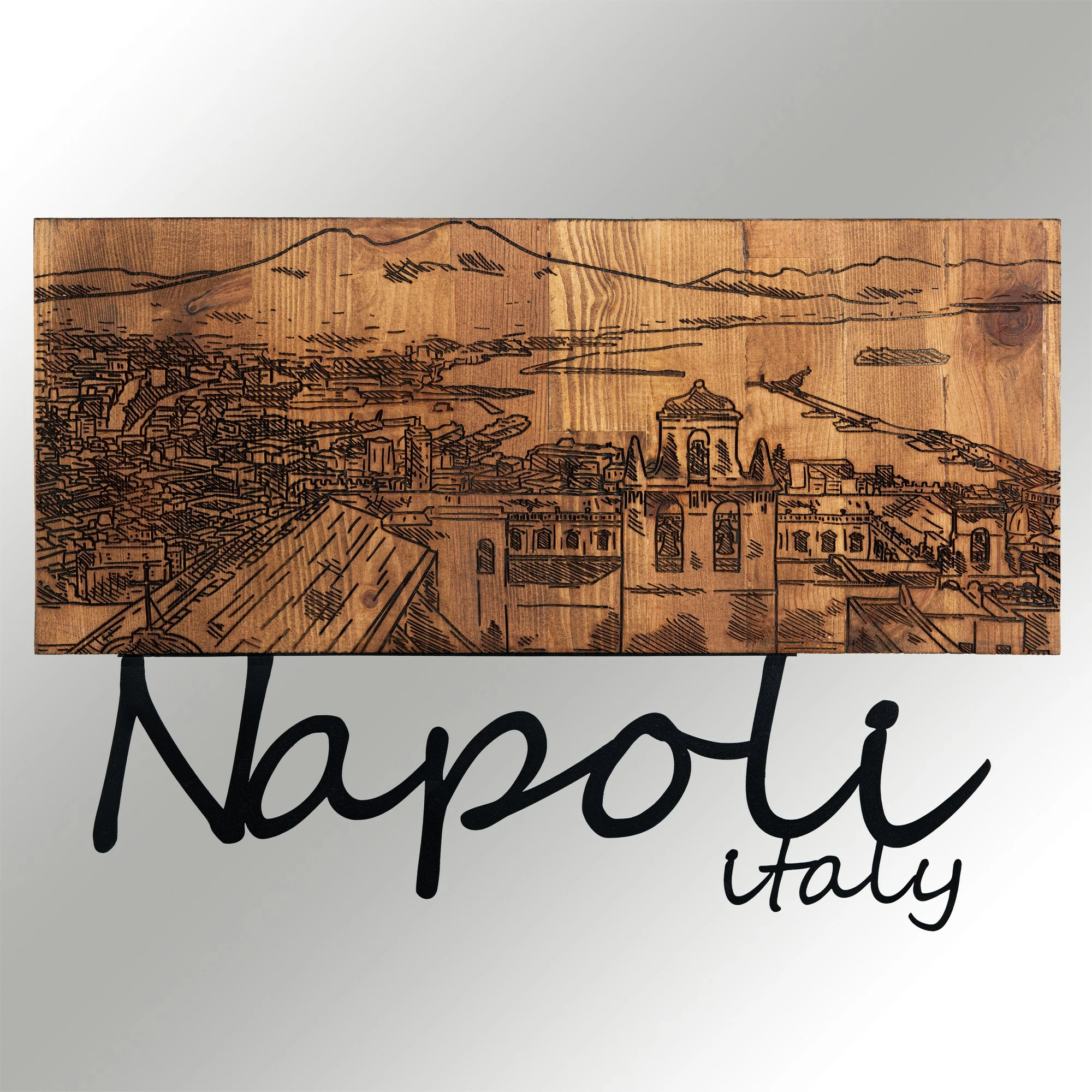 Aksesor dekorativ për mur, dru dhe metal, Napoli, ngjyrë e zezë dhe arre, 58x40cm