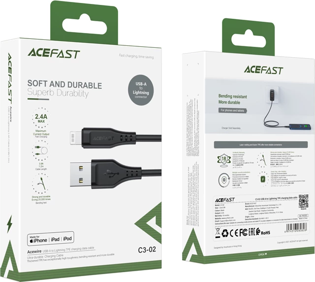 Kabllo Acefast C3-02, USB në Lightning, 1.2m, 2.4A, e zezë