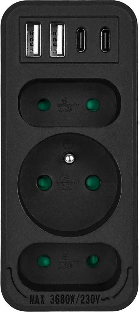 Shpërndarës prizash, Maclean MCE248 F/B, 3 dalje (2 të sheshta + 1 me tokëzim), 2x USB-A + 2x USB-C PD 20W, zi