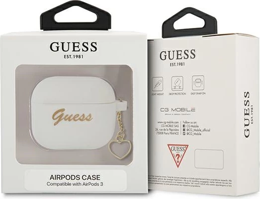 Mbështjellës Guess për AirPods 3, Charm Heart Collection, silikon, i bardhë