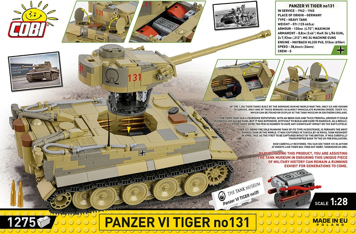 Set blloqesh Cobi Klocki Panzer VI Tiger no131, 1275 pjesë, 1:28, plastikë