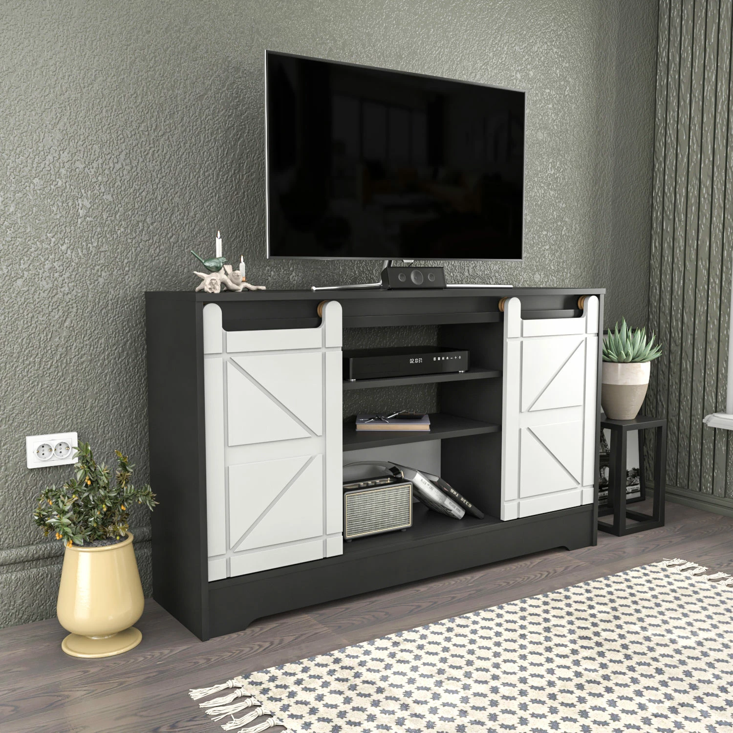Komodë TV Skye Decor, ngjyrë gri, e bardhë