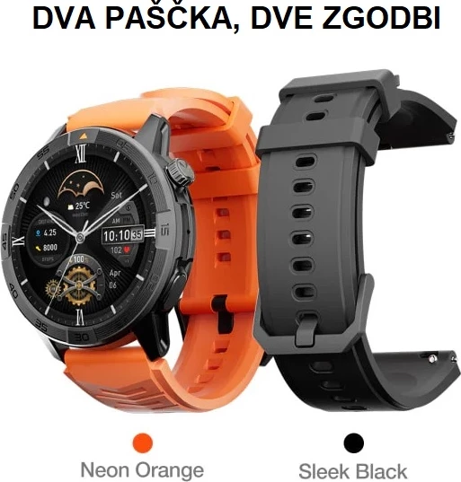 Smartwatch AGM Legion Pro 24166, GPS, harta offline, 5ATM, IP67, MIL-STD-810H, AMOLED 1.43\" 60Hz, Bluetooth thirrje, set me 2 rripa (portokalli neon + zi), i zi