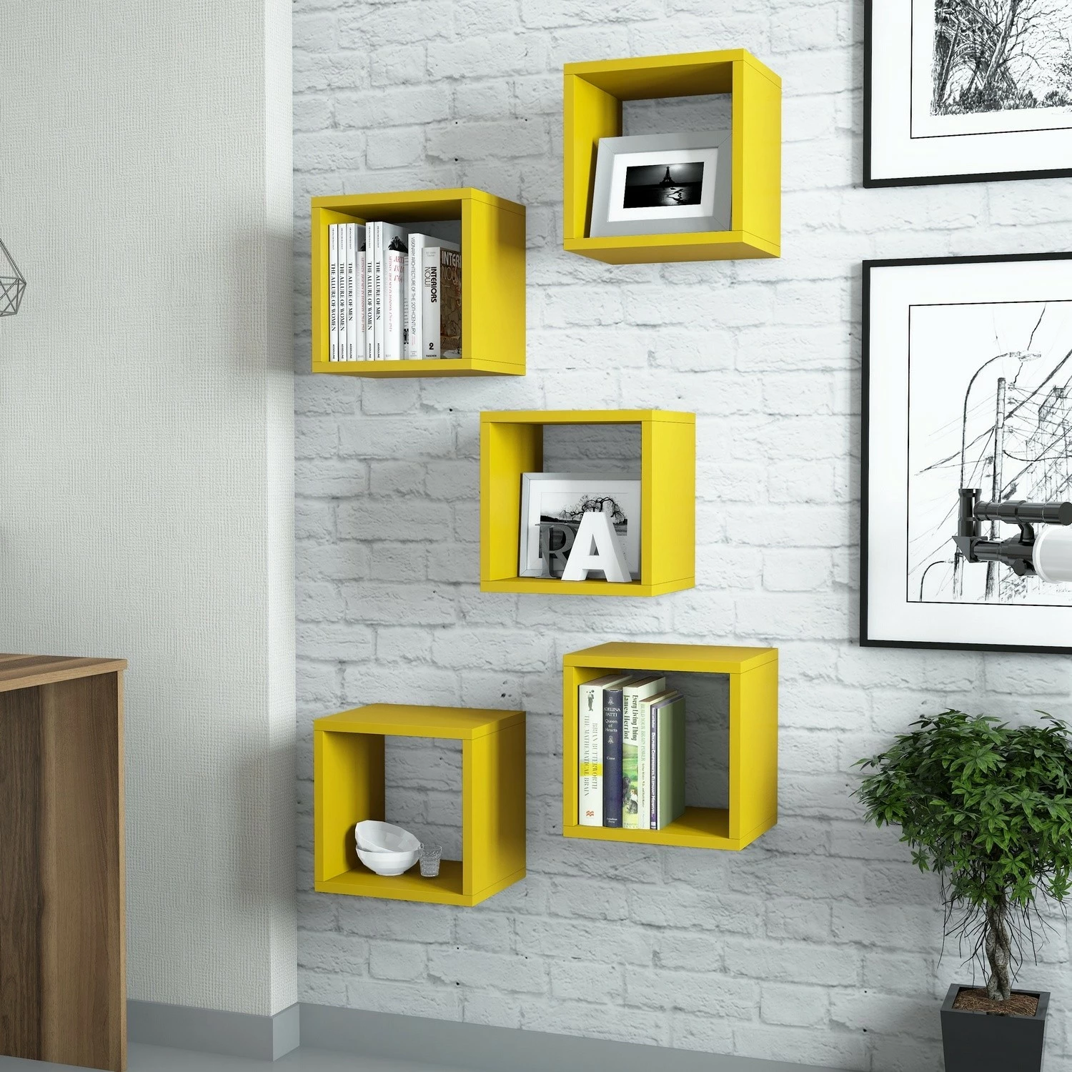 Raft muri, ngjyrë e verdhë, Skye Decor, 5 copë