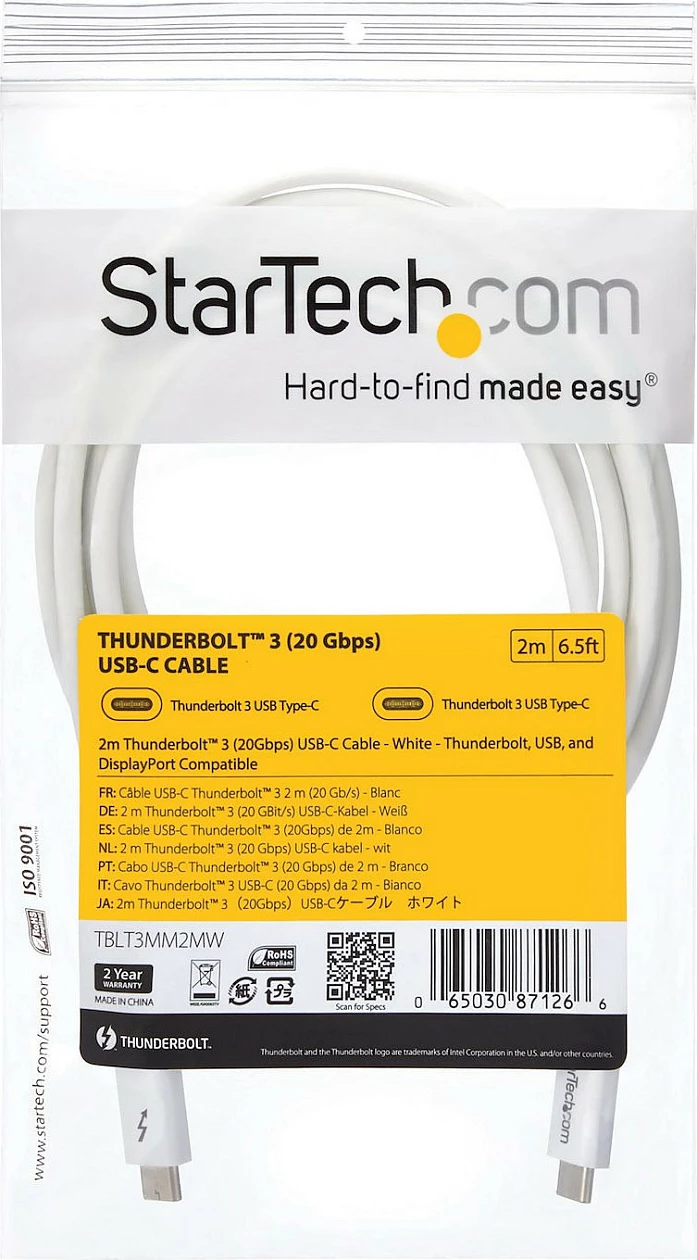 Kabllo Thunderbolt 3 StarTech TBLT3MM2MW, USB-C në USB-C, 2m, 20Gbps, 4K 60Hz, e bardhë