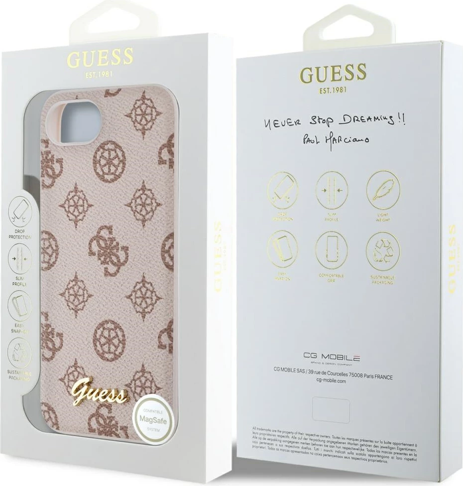 Mbështjellës Guess Peony Script Logo MagSafe për iPhone 16e, Kafe