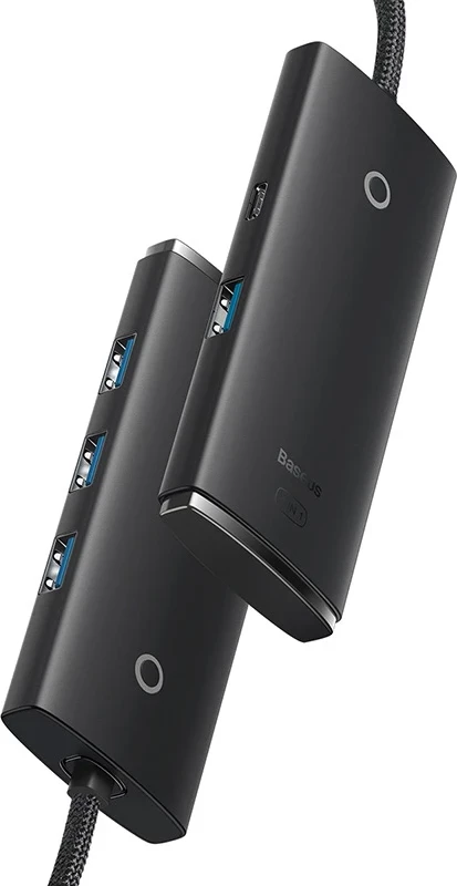 Kasë Baseus Lite Series HUB 4-në-1, USB-C në 4x USB 3.0 + USB-C, 25cm, e zezë