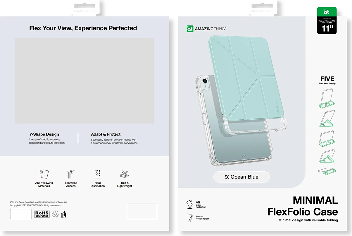 Mbështjellës tabletë AmazingThing Minimal Case, për iPad Air 11" M3 (2025), folio me qëndrim, pjesë e pasme transparente, mbajtëse Apple Pencil, blu